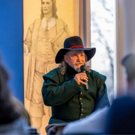 RWU Professor of History Charlotte Carrington-Farmer and historical reenactor John McNiff, who portrayed Roger Williams, discussed the life and legacy of the University's namesake.