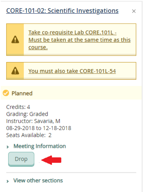 To drop a course, click “Drop” under that course