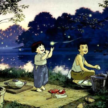 A still anime image of two children catching fireflies