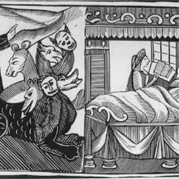 Black and White Sketch of Puppets and Woman Reading a Story