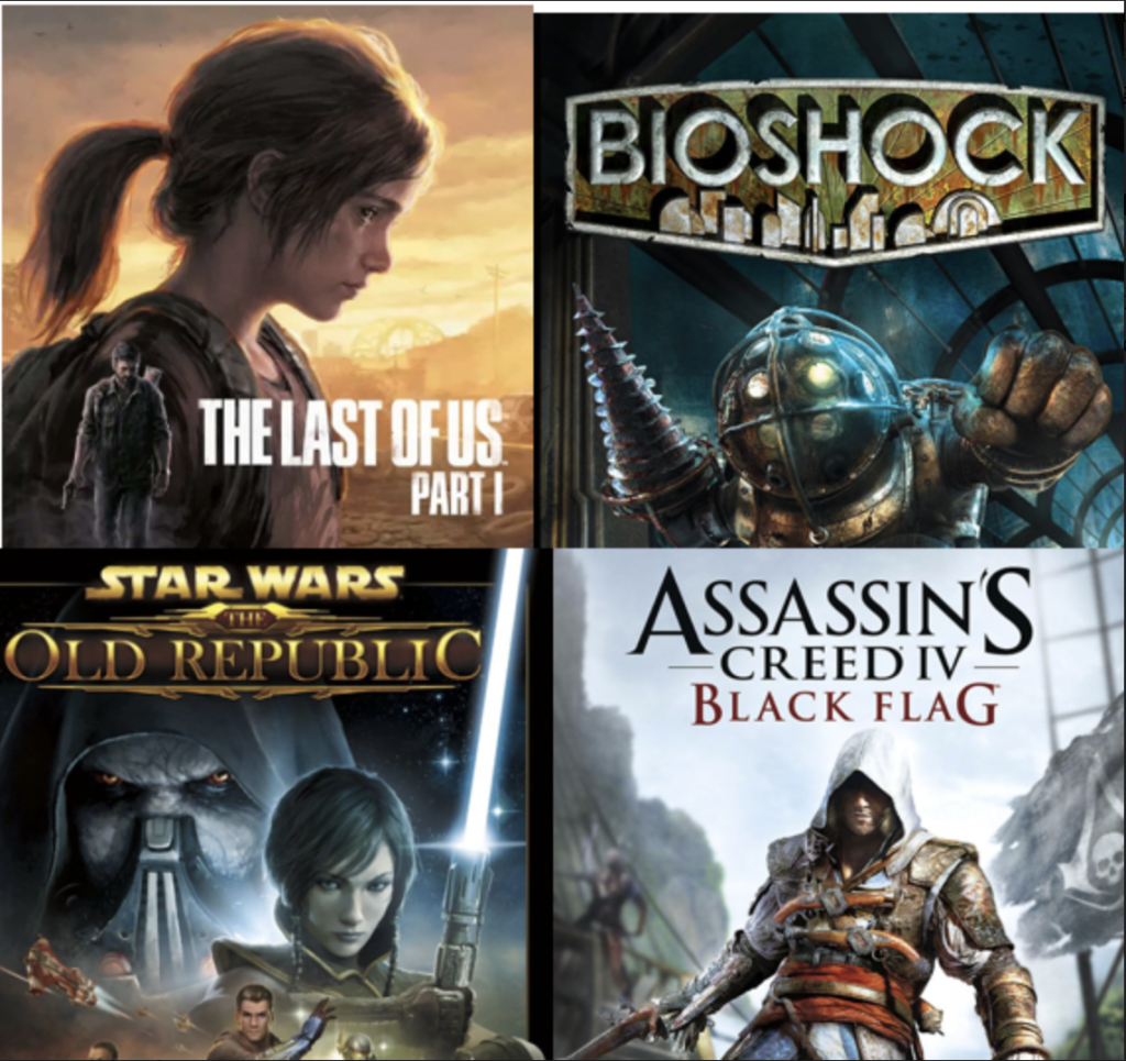 Four video game posters; The last of us part 1, Bioshock, Star Wars Old Republic, and Assassin's Creed IV Black Flag.