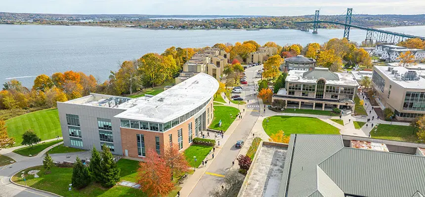 Aerial view of RWU Bristol campus on Mount Hope Bay