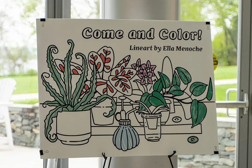 A poster that reads "Come and Color" as part of a student's lineart project.