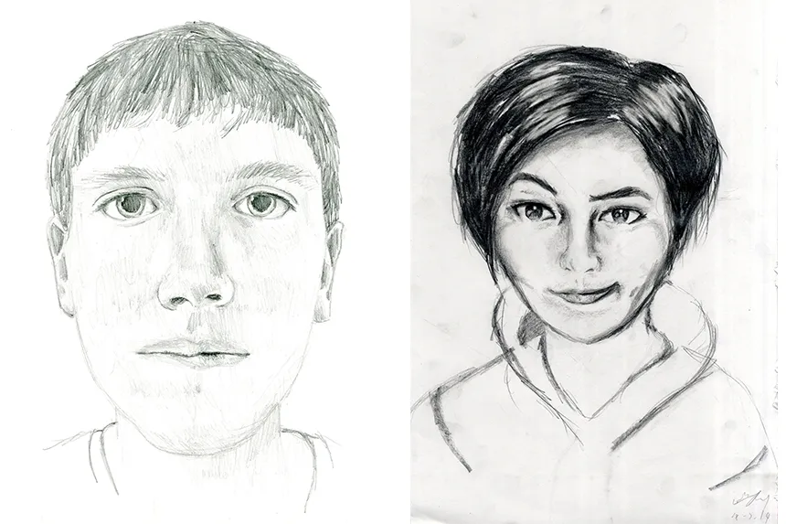 Hand drawn self portraits by Summer Academy Students