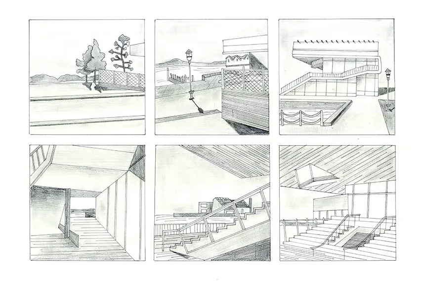A storyboard sketch of RWU Sailing Center by a Summer Academy Student