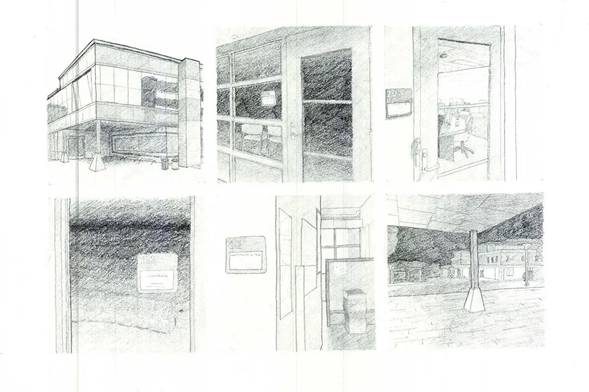 Storyboard sketches of the RWU Architecture building