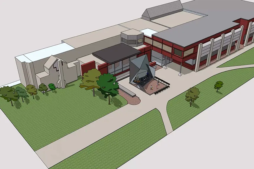 A digital render of the RWU Architecture building by a Summer Academy Student