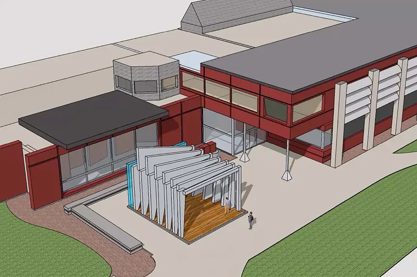 A digital render of the RWU Architecture main entrance
