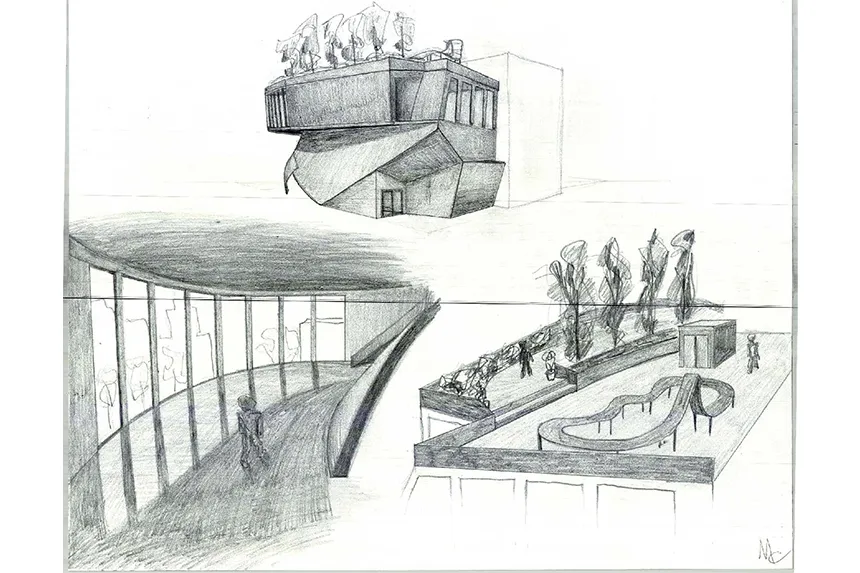 Sketch collage of a building by a Summer Academy Student