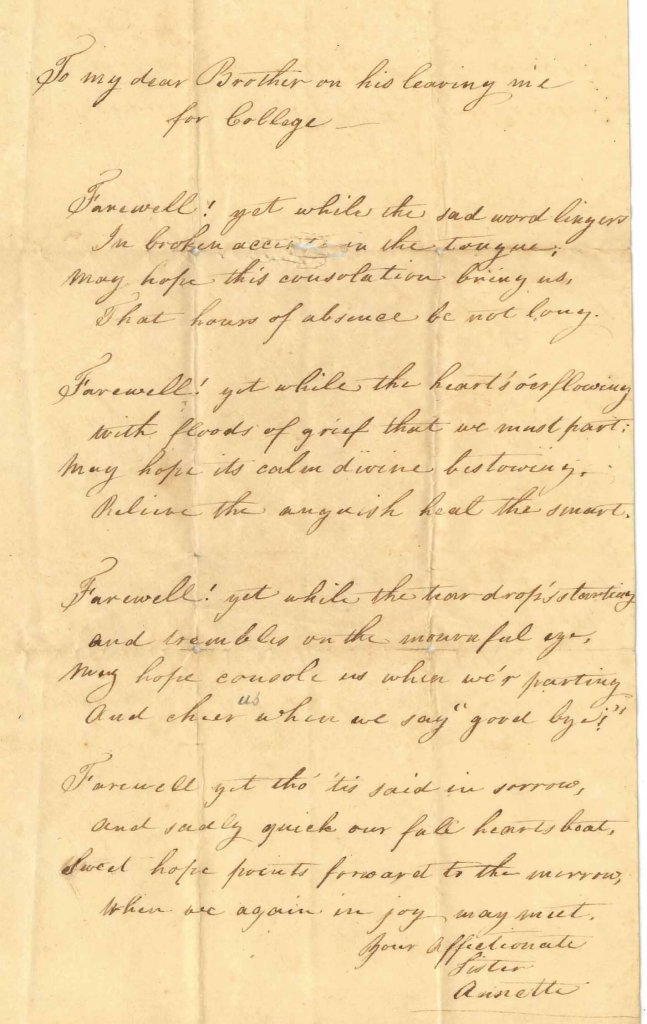 Handwritten letter from Annette Winthrop to her brother John upon his entering Brown University in 1824. See transcription on right of image.
