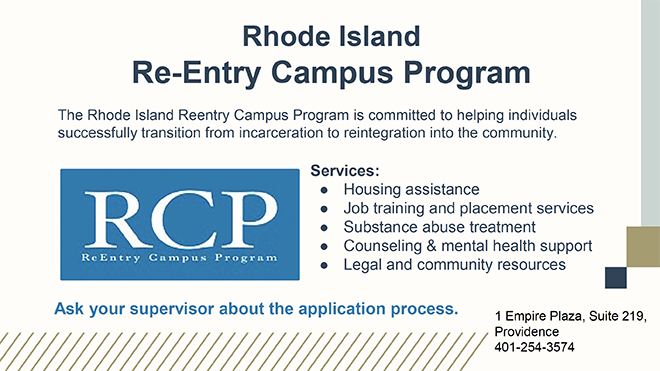 A PowerPoint slide with information about the Rhode Island Re-Entry Campus Program