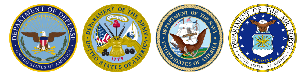 Seals of the Department of Defense, Department of the Army, Department of the Navy, and Department of the Air Force of the United States of America.