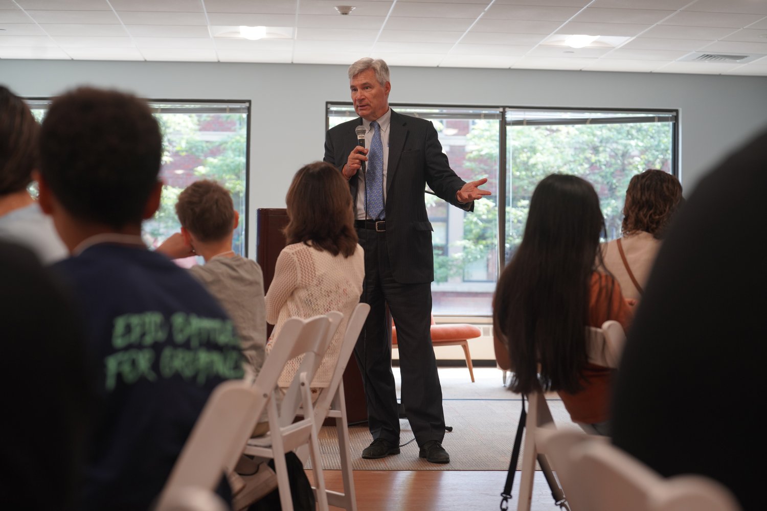U.S. Sen. Sheldon Whitehouse speaks to campers about the importance of law and justice in a democracy.
