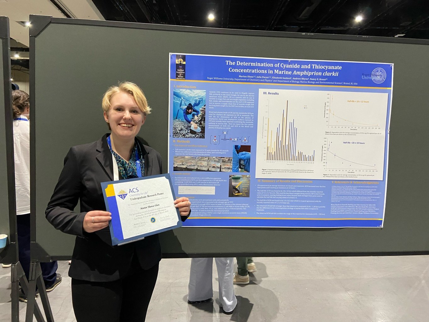 Marion Olsen '22 presents research on cyanide and thiocyanate concentrations in clownfish at a conference in San Diego.