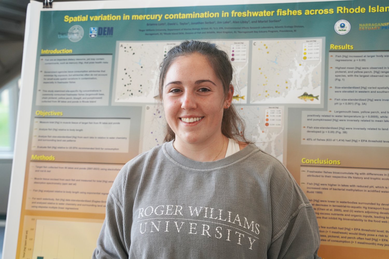 Senior Brianna Lotti presented her research about mercury levels in freshwater lakes and ponds throughout Rhode Island.