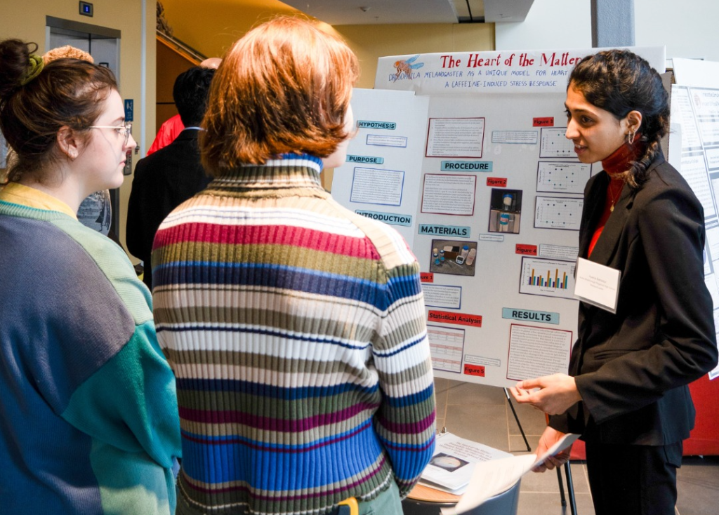 JSHS participant explains their research poster to two students.