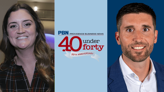 PBN 40 Under Forty logo in the middle of two headshots of alumni