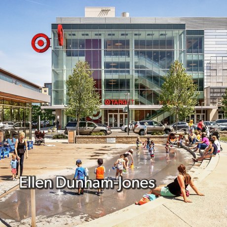 A photo of people enjoying the community space outside of an urban Target store