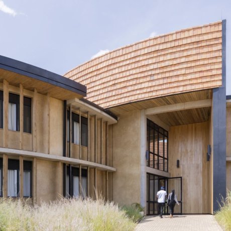 An exterior view of MASS Design building in Rwanda Institute