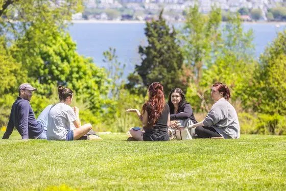 students sitting on grass with an ocean view