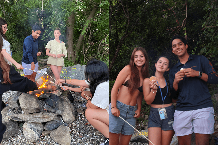 Students hanging out at a bonfire after studio