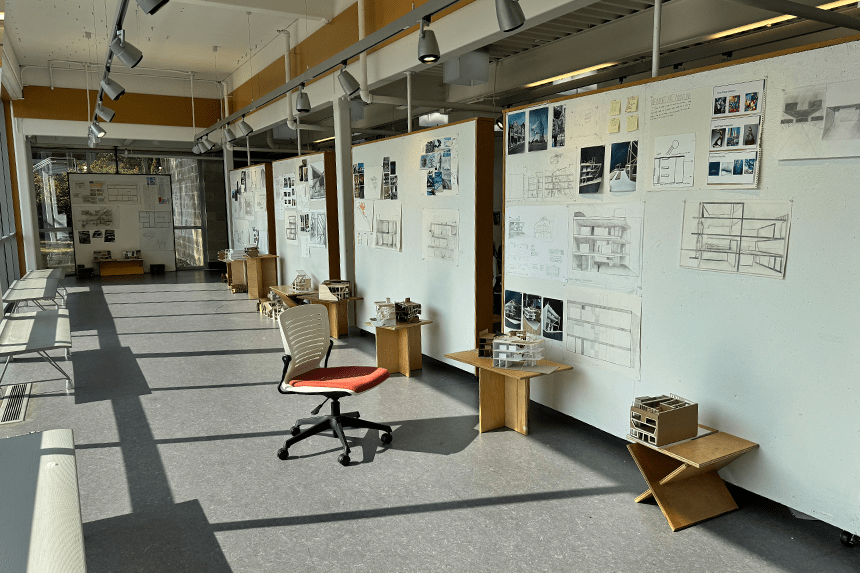 A view of the gallery with all the student work pinned up 