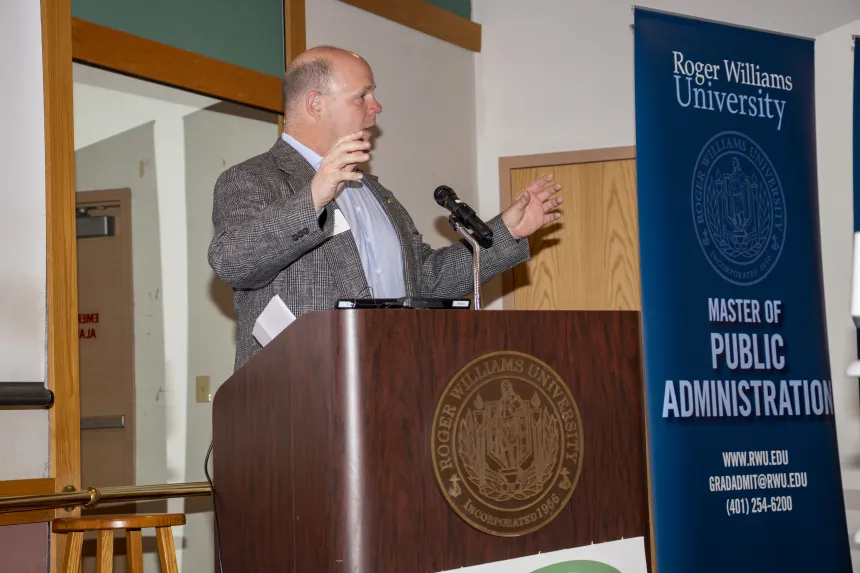 RWU School of Justice Studies Dean Eric Bronson addresses the 2022 RIASPA Conference