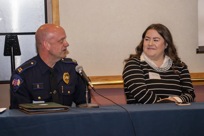 RWU MS Leadership alumni Mark Carrier and Amy Cola address the 2022 RIASPA Conference