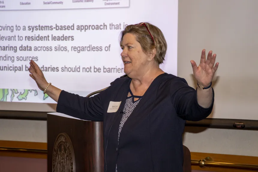 Brenda Clements of HousingWorks RI addresses the 2022 RIASPA Conference