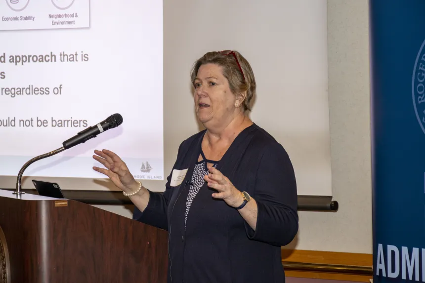 Brenda Clements of HousingWorks RI addresses the 2022 RIASPA Conference