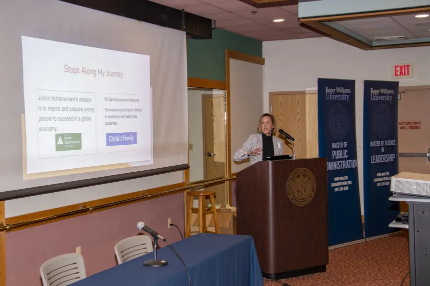 RWU MPA alumna Beth Flanagan addresses the 2022 RIASPA Conference