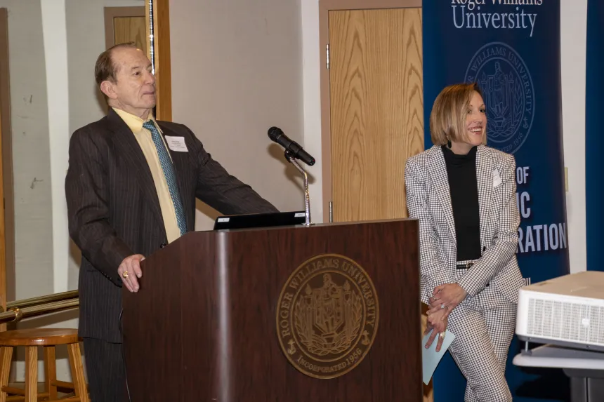Dr. Michael Hall and RWU MPA alumna Beth Flanagan address the 2022 RIASPA Conference