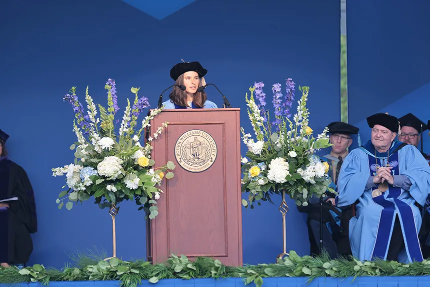 Commencement Speaker Cole Brauer addresses the crowd
