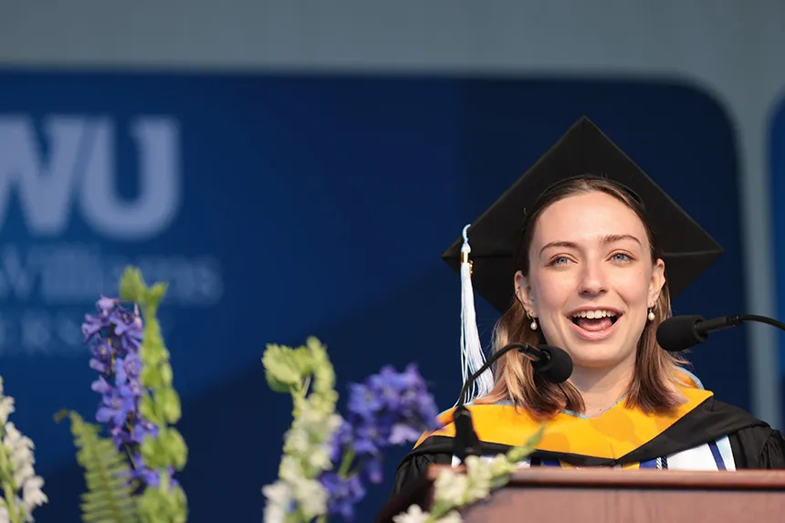 RWU undergraduate student speaker addresses the crowd