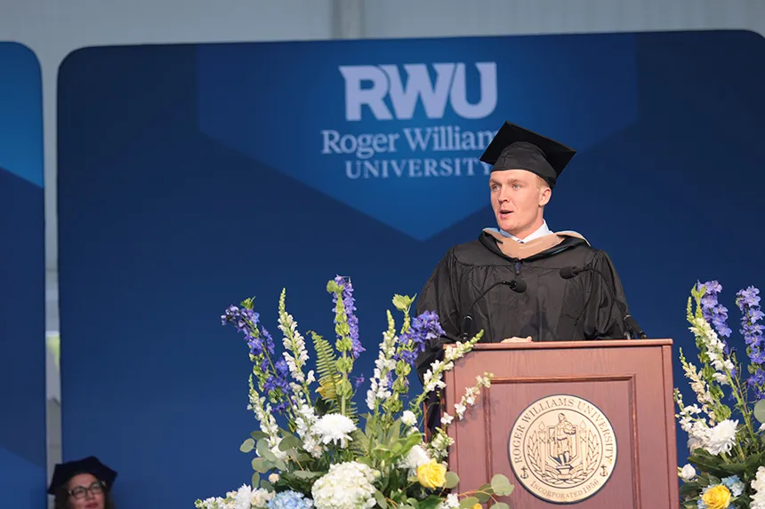 Graduate student speaker addresses the crowd