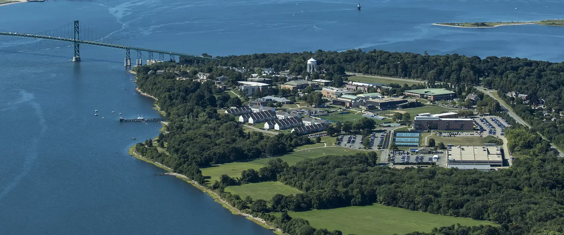 Aerial view of Bristol campus surrounded by the bay
